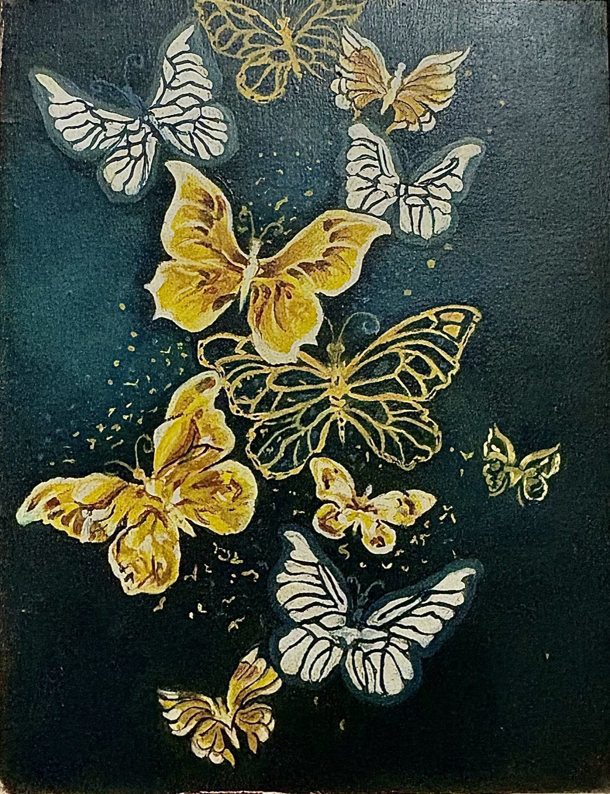 Flight — a painting of gold and white butterflies rising across a deep teal ground