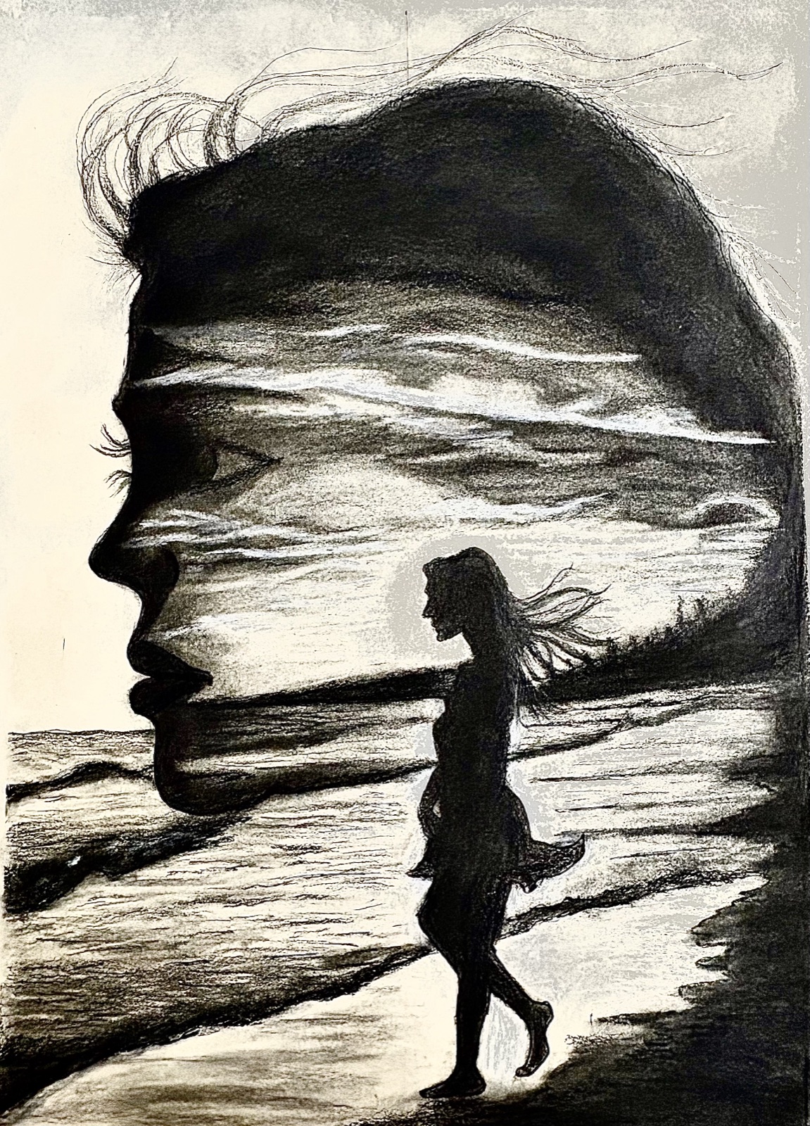Reflections — a charcoal drawing of a woman's profile holding a beach scene within it