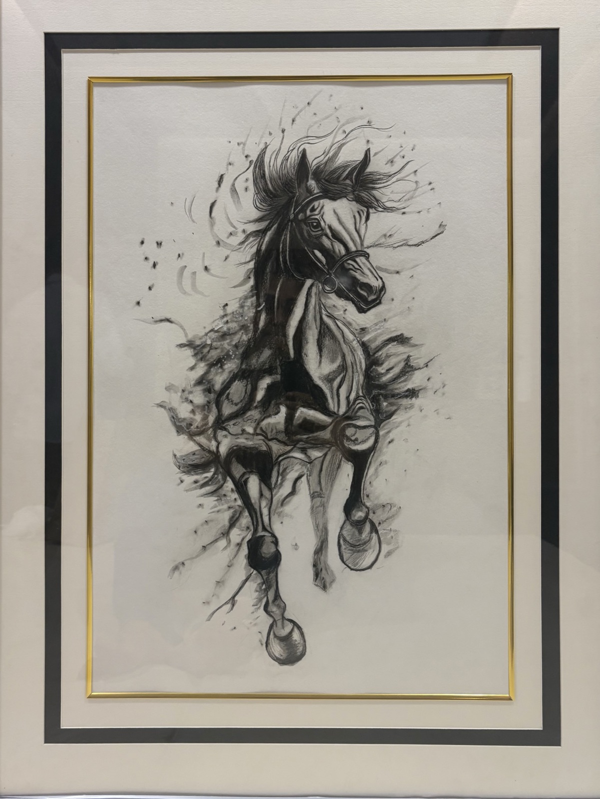 Untamed — a charcoal study of a galloping horse, mane flying