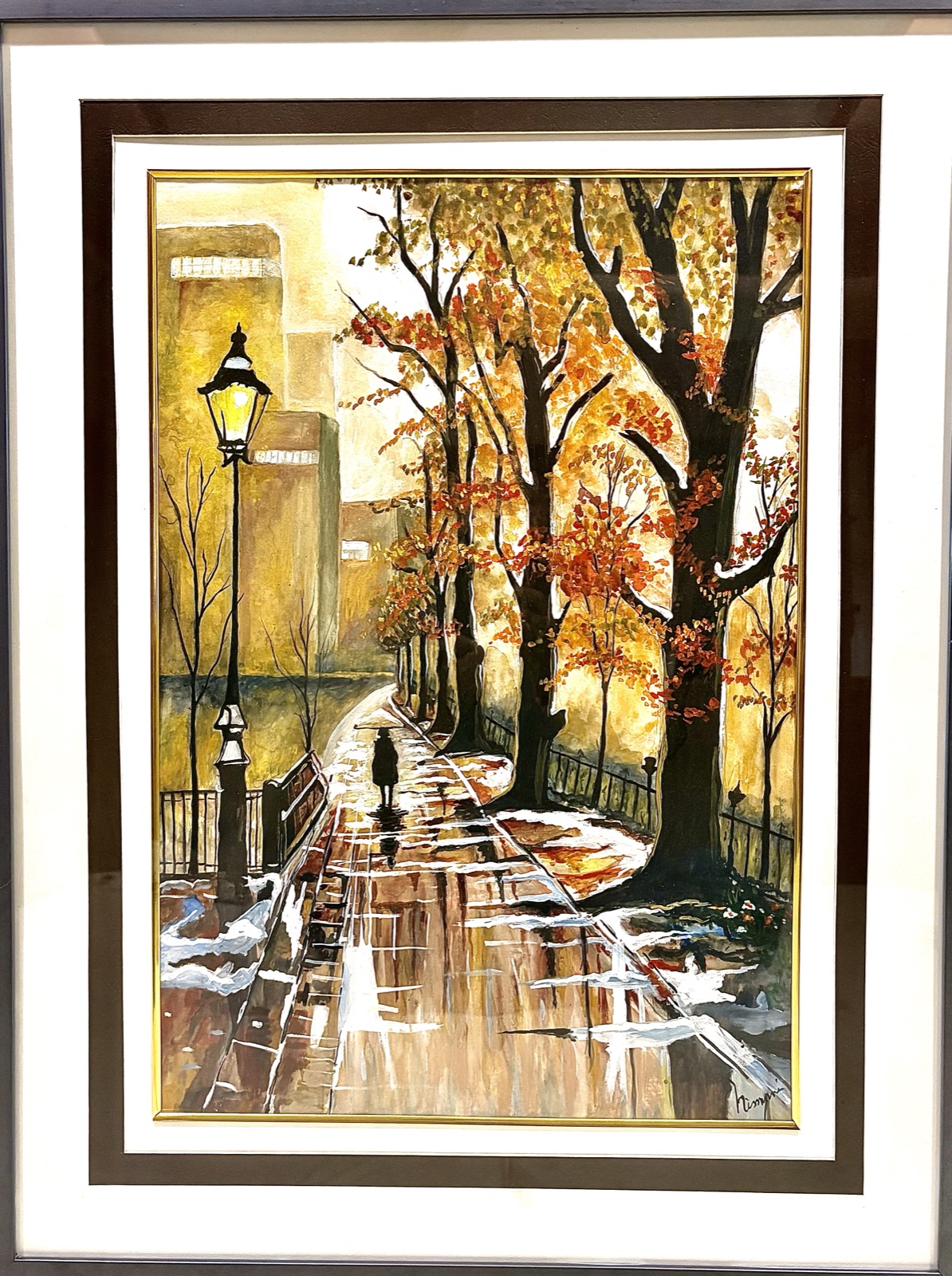 Walk Through the Silence — a watercolour of a rain-lit autumn street